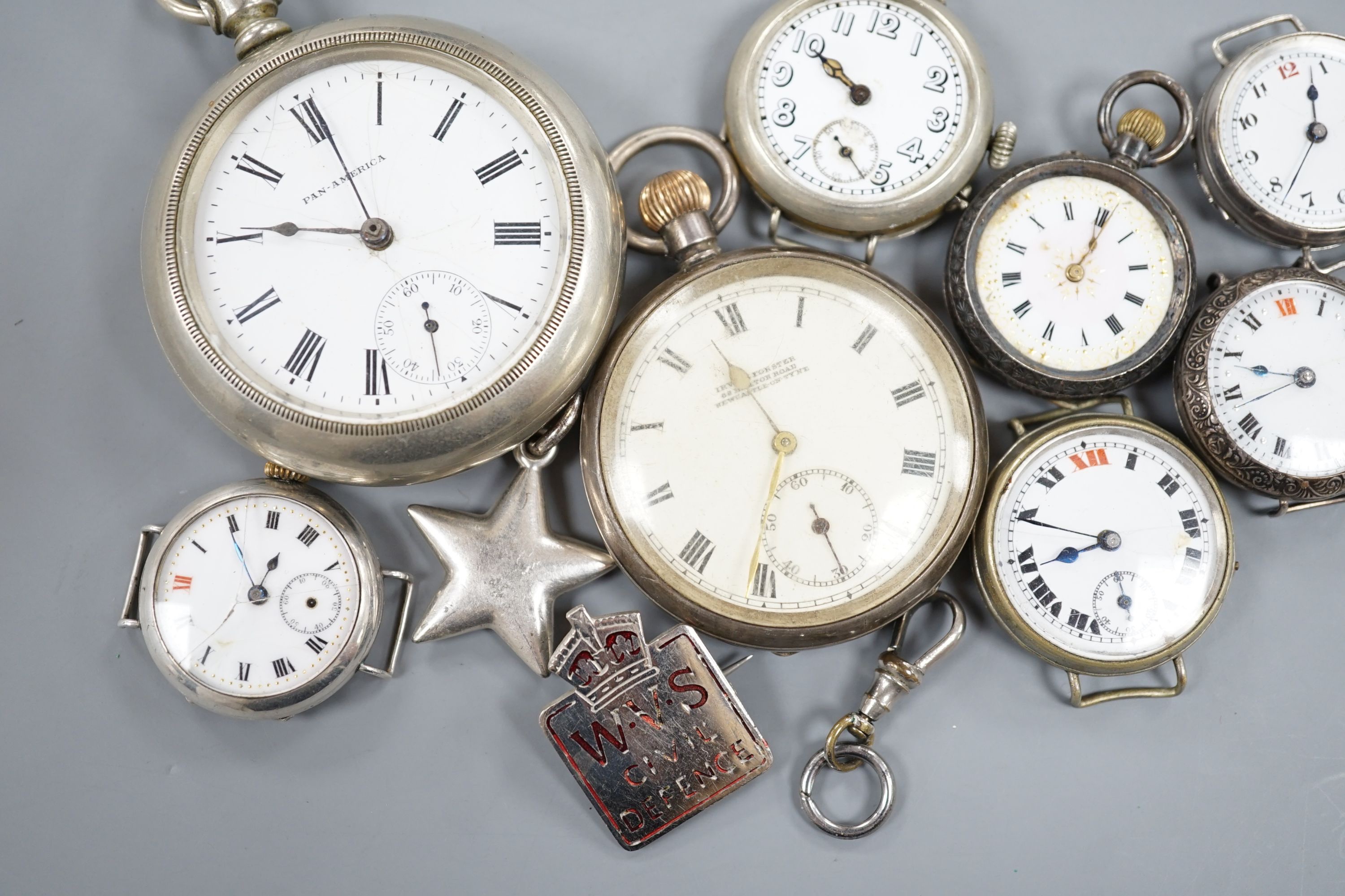 Four assorted early 20th century silver wrist watches, a silver fob watch, two base metal wrist watches, brooch, pendant and two pocket watches including one silver open face.